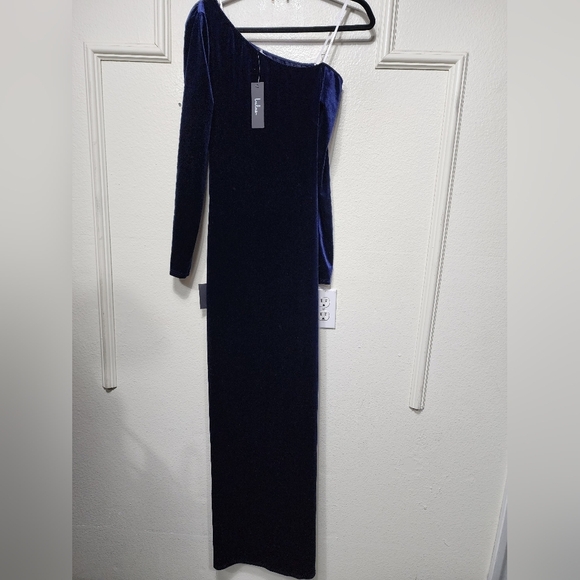 Lulus Notorious Icon Navy Blue Velvet Asymmetrical Maxi Dress Wedding Party - Picture 7 of 7